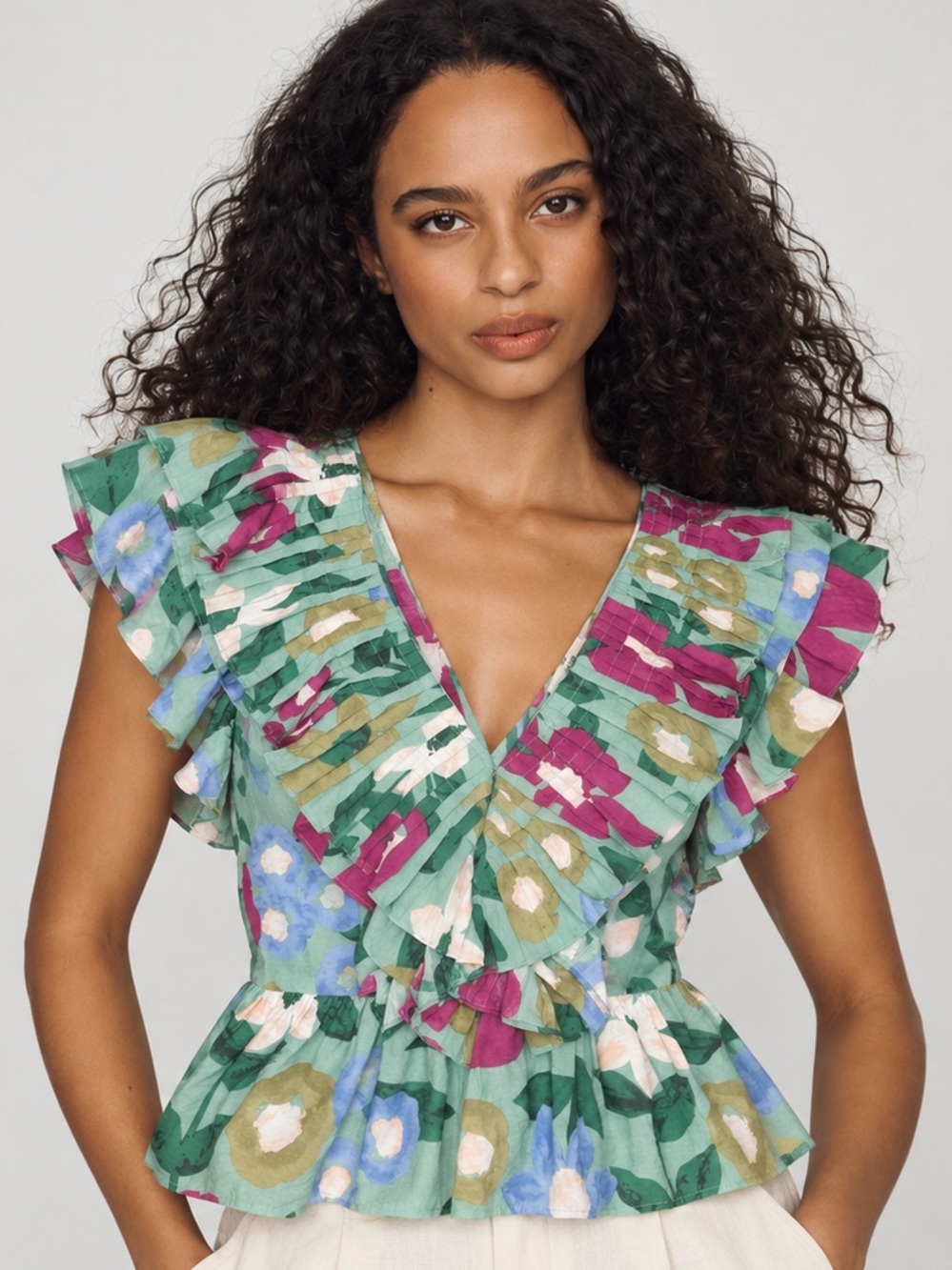 Entro Indigo Falls Floral Peplum Ruffle Top Sage Green Magenta Large NWT